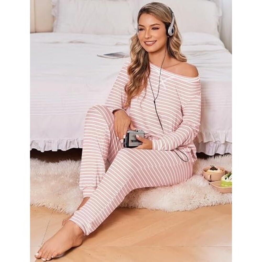 Ekouaer Women's Pajama Set Jogger Pants Long Sleeve Pink Stripe Size M NWT